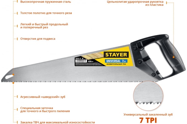 Универсальная ножовка пила Stayer "Universal", 450мм, 7TPI, 15050-45_z03