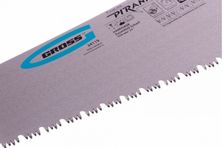 Ножовка по дереву GROSS PIRANHA 550 мм, сегментированное строение рабочей кромки, 7-8 TPI, зуб-3D, двухкомпонентная рукоятка 24119
