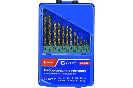 Набор сверл по металлу с кобальтом 5% в металлической коробке Profi 13 шт, 1.5-6.5 мм CUTOP 48-601