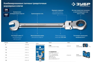 Комбинированный гаечный ключ трещоточный шарнирный Зубр ПРОФ 27101-19