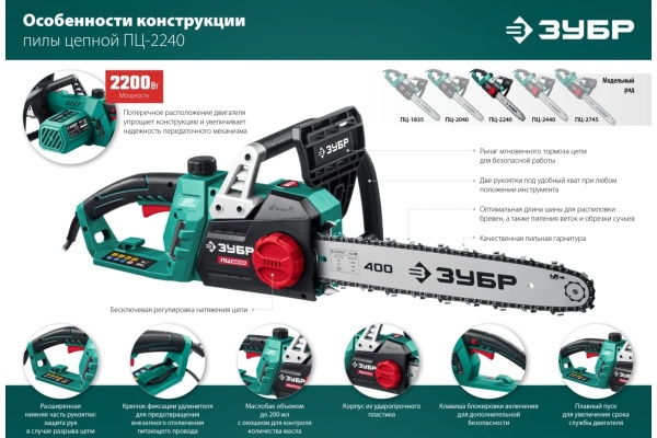 Цепная электрическая пила ЗУБР 2200 Вт ПЦ-2240