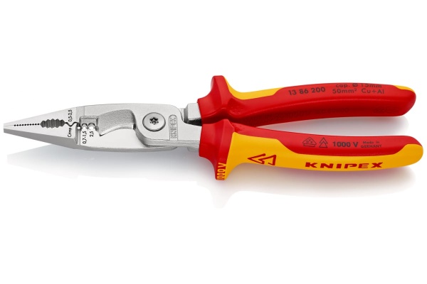 Электромонтажные клещи Knipex VDE, 6-в-1, 200 мм, диэлектрические, хром, 2К ручки, KN-1386200SB