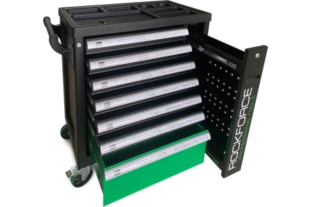 Инструментальная тележка ROCKFORCE 7 секций, с дополнительной боковой секцией, зеленая RF-55299