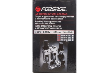 Блок подготовки воздуха 3/4" фильтр-регулятор+лубрикатор, автоматический слив (10 Мк, 3000 л/мин, 0-10 bar, рабочая температура 5-60°) Forsage F-AC4010-06D