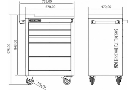 Инструментальная тележка IZELTAS серии PARTNER  черная с инструментами 5 выдвижных ящиков, 8235006121-black