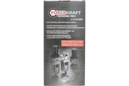 Блок подготовки воздуха фильтр-регулятор+лубрикатор, автоматический слив (1/4'', 10 Мкм, 1700 л/мин, 0-10 bar, рабочая температура 5-60°) Forcekraft FK-AC3010-02D