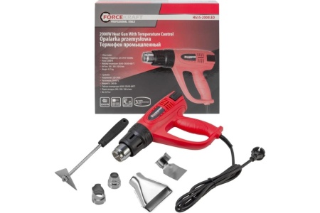Промышленный электрический фен с индикатором температуры и насадками Forcekraft 220в, 50/60гц, 2000 вт, 60/350/600с, 50/300/500л/мин,класс защиты-двойная изоляция fk-hg60-2000led 52345 Промышленный электрический фен с индикатором температуры и насадками Forcekraft 220в, 50/60гц, 2000 вт, 60/350/600с, 50/300/500л/мин,класс защиты-двойная изоляция fk-hg60-2000led 52345