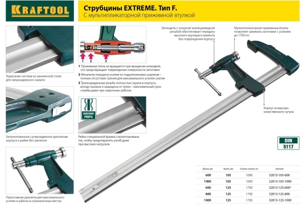 F-струбцина KRAFTOOL DIN 5117, двухкомпонентная ручка, 80x300мм 32011-080-300