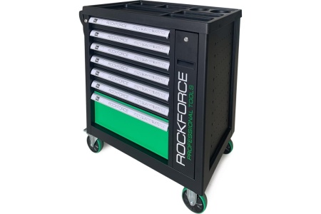 Инструментальная тележка ROCKFORCE 7 секций, с дополнительной боковой секцией, зеленая RF-55299