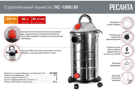 Строительный пылесос Ресанта ПС-1500/30 75/19/2