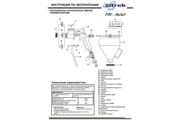Декоративно-отделочный пневмораспылитель Zitrek FR 300 018-2481